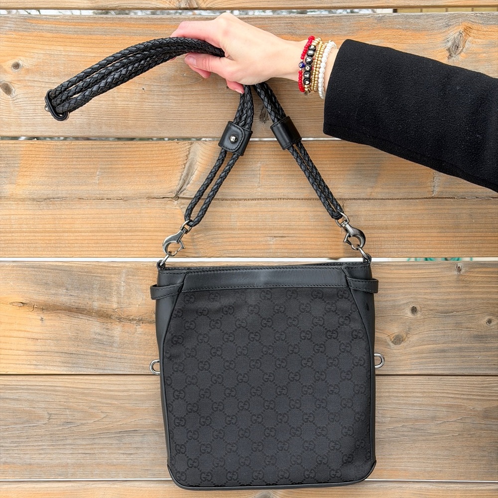 GUCCI GG CANVAS CROSSBODY BAG WITH BRAIDED STRAP